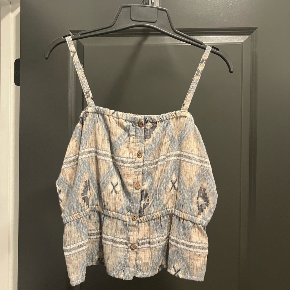 Boho Button-Front Spaghetti Strap Tank Top in Blue and Cream